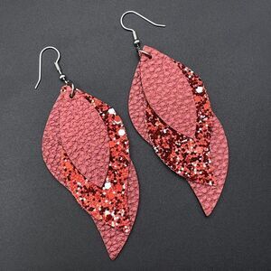 Red Faux Leather with Sequin Layered Leaf 316L Stainless Steel Hook Earrings
